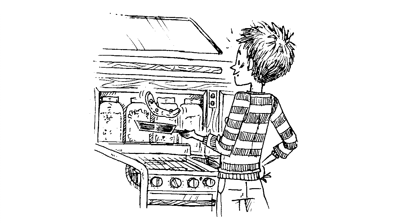 Devine is cooking An illustration of a person cooking food on a gas range, flipping a pancake in a cast iron pan