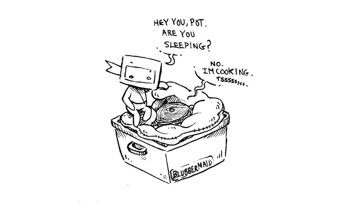 sleeping or cooking an illustration of ninj sitting on a makeshift haybox, staring at a cast iron pot and asking if it is sleeping. The pot answers: no, i am cooking