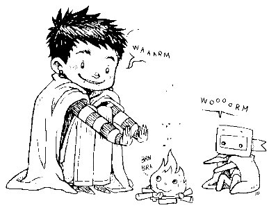 brn brn an illustration of devine, saying: Waaaarm, and ninj saying: wooooorm, with blankets on their backs warming themselves next to a fire, the fire has a cute face and says: brn brn