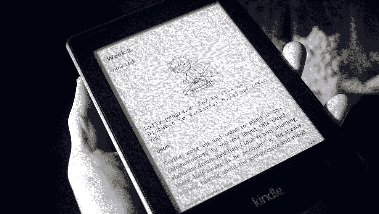Ebook preview A photo of a hand holding a Kindle e-reader, opened onto Week 2 of Busy Doing Nothing with an illustration of a character that is in pain, holding their side