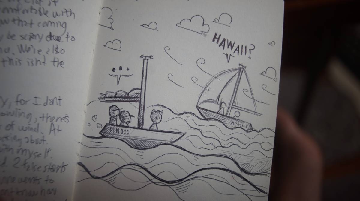 a sketch of pino and crew watching rick and chris sail away on Amiswki a sketch of pino and crew watching rick and chris sail away on Amiswki, a speech bubble above chris and rick reads hawaii?