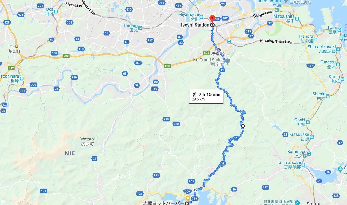 cycling to ise a screenshot of google maps showing a path across mountains and rural towns from Gokasho to Ise, a 30 km ride