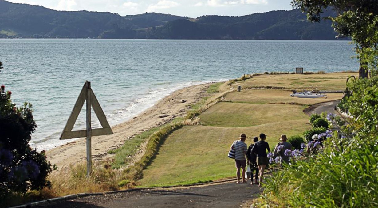with friends walking on pakatoa island a group of people walking down a green hill, following a road with a picturesque view of the water and island in the background