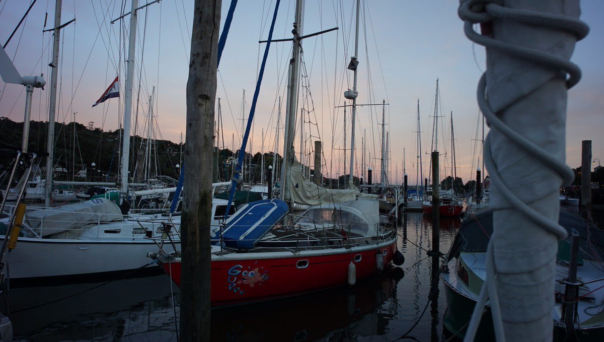 Guppy sat across from us on the pile mooring a photo of the famous red sailboat guppy, moored opposide of us