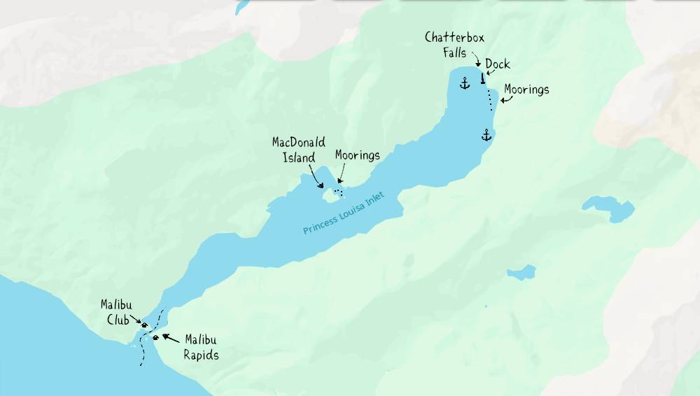 a map showing princess louisa inlet and the locations of mooring spots