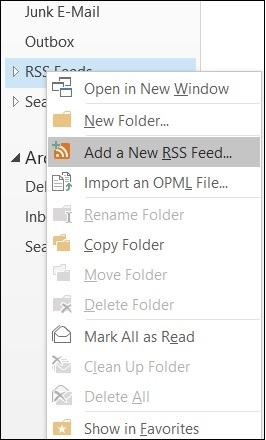Screenshot of adding an RSS feed to Outlook