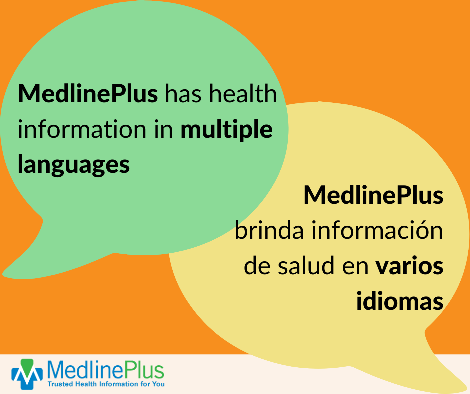 Two bubble quotes that contain the text, 'MedlinePlus has health information in multiple languages' and 'MedlinePlus brinda infomacion de salud en varios idiomas.' MedlinePlus logo.