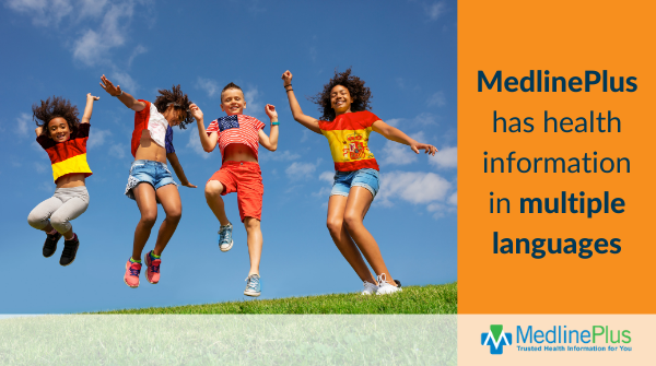 Kids jumping on a grassy hill, wearing t-shirts with different national flags. MedlinePlus logo