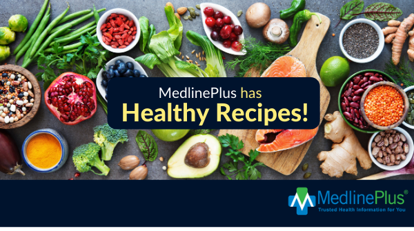 Fish, fresh produce, and the MedlinePlus logo.