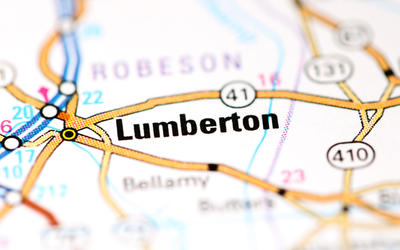 Close-up of a map showing a city called Lumberton