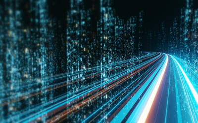 Illustration of abstract highway path zooming through digital binary towers of a city.