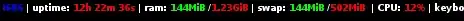 i686|uptime: 12h 22m 36s|ram: 144MiB/1.23GiB|swap:144MiB/502MiB|CPU:12%|…
