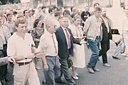 Celebration organiser Dmytro Pavlychko (in centre, facing camera) marching alongside other participants