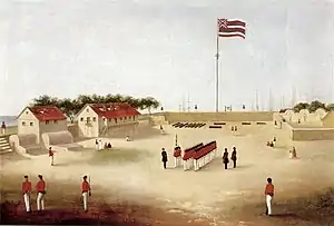 Interior of the Honolulu Fort in 1853.  The layout of Lahaina Fort was similar but smaller.