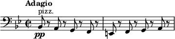 \relative c {
\new Staff {
\set Staff.midiInstrument = #"pizzicato strings" \key bes \major \clef bass \time 2/2 \set Score.tempoHideNote = ##t \tempo "Adagio" 2 = 20
bes8 \pp ^"pizz." r8 a8 r8 g8 r8 f8 r8 |
e8 r8 f8 r8 g8 r8 a8 r8 |
}
}
