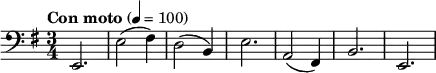 \relative c { \clef bass \key e \minor \time 3/4 \tempo "Con moto" 4 = 100 e,2. e'2( fis4) d2( b4) e2. a,2( fis4) b2. e, }