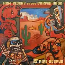 A Cubist-influenced depiction of a devil, a skeleton smoking a joint, a woman playing a phonograph record, and a woman dancing and playing a tambourine; the skull of an animal hangs on the wall. Outside the window is a desert scene, with saguaro cactuses, an adobe church, buttes in the distance, and a flying saucer.