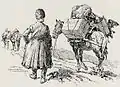 Pack mules of the Alpenkorps led by a Cossack prisoner in Râmnicu Sărat, 1916