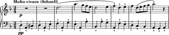 \relative c'' {
\new PianoStaff <<
\new Staff {
\set Staff.midiInstrument = #"piano" \key f \major \clef treble \time 3/4 \set Score.tempoHideNote = ##t \tempo "Molto vivace (Schnell)" 4 = 250
R2.*2 \p |
d2. ( |
a'4. g8 f8 e8 |
d2 e4 |
f4 ) -! d4 -! e4 -! |
f4 d8 ( e8 f8 g8 |
a2 ) -! r4 |
}
\new Staff {
\set Staff.midiInstrument = #"piano" \key f \major \clef bass \time 3/4
d,,,4 \pp -! a4 -! cis4 -! |
d4 -! a4 -! e'4 -! |
f4 -! a,4 -! g'4 -! |
e4 -! a,4 -! a'4 -! |
bes,4 -! a'4 -! g4 -! |
a,4 -! f'4 -! e4 -! |
d4 -! c4 -! bes4 -! |
a4 -! g4 -! a4 -! |
}
>>
}