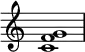 {
\override Score.TimeSignature #'stencil = ##f
\relative c' {
\clef treble
\time 4/4
\textLengthOn
<c f g>1
} }