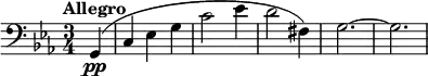 \relative c {
\clef bass
\key c \minor
\time 3/4
\tempo "Allegro"
\set Staff.midiInstrument = #"cello"
\set Score.tempoHideNote = ##t \tempo 2. = 80
\partial 4 g(\pp | c ees g | c2 ees4 | d2 fis,4) | g2.~ | g2.
}