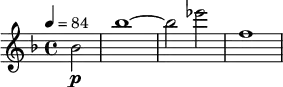 \new Staff <<
\relative c'' {
\set Staff.midiInstrument = #"violin"
\clef treble
\key d \minor
\time 4/4
\tempo 4 = 84
\partial 2 bes2(_\p) bes'1~ bes2 es f,1
}
>>