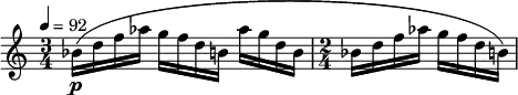 \relative c'' {
\set Staff.midiInstrument = #"oboe" \clef treble \time 3/4 \tempo 4 = 92 bes16\p( d f aes g f d b aes' g d b | \time 2/4 bes d f aes g f d b) }