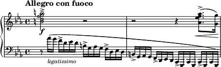 \new PianoStaff <<
\new Staff = "Up" \with { \magnifyStaff #3/4 } <<
\new Voice \relative c' {
\clef treble
\tempo "Allegro con fuoco"
\set Score.tempoHideNote = ##t \tempo 4 = 160
\time 4/4
\key c \minor
<b' d f g b>2-> \f r r r4 <aes ees' f aes>8.-> \< (<g g'>16 \!)
}
>>
\new Staff = "Down" \with { \magnifyStaff #3/4 } <<
\new Voice \relative c{
\clef bass
\key c \minor
r8 aes''16_\markup{\italic legatissimo} (g f-> d ees d b-> g aes g f-> d ees d b-> g aes g f-> d ees d c-> g c g c-> g c g)
}
>>
>>