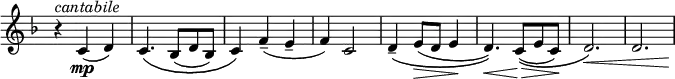 \relative c' \new Staff \with { \remove "Time_signature_engraver" } {
\key f \major \time 3/4 \tempo ""
r4^\markup \italic cantabile c\mp ( d) c4.\( bes8( d bes) c4\) f--( e-- f) c2
d4-- \( e8\> ( d e4\! d4.) \) \< c8( \> \( e c\! ) d2.\) \< d2.*5/6 s8\!
}