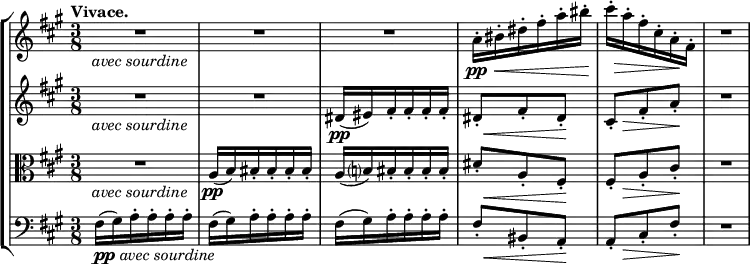 \new StaffGroup <<
\new Staff { \relative c' { \key fis \minor \time 3/8 \tempo "Vivace."
\set Staff.midiInstrument = "violin"
\set Score.tempoHideNote = ##t \tempo 4. = 88
R2*3/4*3_\markup{ \italic {avec sourdine} }
a'16-.\pp \< bis-. dis-. fis-. a-. << bis-. { s32 s\! } >> << cis16-. { s32 s\> } >> a16-. fis-. cis-. a-.\! fis-. R2*3/4 } }
\new Staff { \relative c' { \key fis \minor \time 3/8
\set Staff.midiInstrument = "violin"
R2*3/4*2_\markup{ \italic {avec sourdine} } dis16\pp( eis) fis-. fis-. fis-. fis-.
<< dis8-. {s32 s16.\<} >> fis8-. << dis-. { s16\! s } >> << cis8-. { s16 s\> } >> fis8-. a-.\! R2*3/4 } }
\new Staff { \relative c' { \key fis \minor \time 3/8 \clef C
\set Staff.midiInstrument = "violin"
R2*3/4_\markup{ \italic {avec sourdine} } a16\pp( b) bis-. bis-. bis-. bis-. a( b?) bis-. bis-. bis-. bis-.
<< dis8-. {s32 s16.\<} >> a8-. << fis-. { s16\! s } >> << fis8-. { s16 s\> } >> a8-. cis-.\! R2*3/4 } }
\new Staff { \relative c' { \key fis \minor \time 3/8 \clef bass
\set Staff.midiInstrument = "cello"
fis,16_\markup{ \dynamic pp \italic {avec sourdine} }( gis) a-. a-. a-. a-. fis( gis) a-. a-. a-. a-. fis( gis) a-. a-. a-. a-.
<< fis8-. {s32 s16.\<} >> bis,8-. << a-.{ s16\! s } >> << a8-. { s16 s\> } >> cis8-. fis-.\! R2*3/4 } }
>>