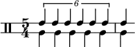 << \relative c' {
\override Staff.StaffSymbol.line-positions = #'(-2 2)
\clef percussion
\time 5/4
\override TupletNumber.text = #tuplet-number::calc-fraction-text
\tuplet 6/5 { e4 e e e e e } e4
} \\ \relative c' {
a4 a a a a a
}
>>