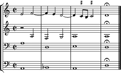 { << \new StaffGroup <<
\new Staff <<
\clef treble \time 2/2
\relative c' {
\clef treble \time 2/2
e2 f2~ f4 e d2~ d4 \once \set suggestAccidentals = ##t cis8 b \once \set suggestAccidentals = ##t cis!2 d1\fermata
}
>>
\new Staff <<
\clef treble \time 2/2
\new Voice \relative c' {
r2 a f g a1 a1\fermata
}
>>
\new Staff <<
\clef bass \time 2/2
\new Voice \relative c' {
a1 d, e d\fermata
}
>>
\new Staff <<
\clef bass \time 2/2
\new Voice \relative c {
a1 bes a d\fermata \bar "|."
}
>>
>>
>> }