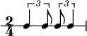 \new RhythmicStaff {
\clef percussion
\time 2/4
\set Score.tempoHideNote = ##t \tempo 4 = 100
\tuplet 3/2 { c4 c8 } \tuplet 3/2 { c8 c4 }
}