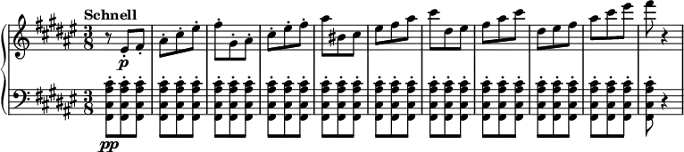 \relative c' {
\new PianoStaff <<
\new Staff {
\set Staff.midiInstrument = #"piano" \key fis \major \clef treble \time 3/8 \set Score.tempoHideNote = ##t \tempo "Schnell" 4 = 175
r8 eis8 \p -. fis8 -. |
ais8 -. cis8 -. eis8 -. |
fis8 -. gis,8 -. ais8 -. |
cis8 -. eis8 -. fis8 -. |
ais8 bis,8 cis8 |
eis8 fis8 ais8 |
cis8 dis,8 eis8 |
fis8 ais8 cis8 |
dis,8 eis8 fis8 |
ais8 cis8 eis8 |
fis8 r4 |
}
\new Staff {
\set Staff.midiInstrument = #"piano" \key fis \major \clef bass
<fis,,,, cis' ais' cis>8 \pp -. <fis cis' ais' cis>8 -. <fis cis' ais' cis>8 -. |
<fis cis' ais' cis>8 -. <fis cis' ais' cis>8 -. <fis cis' ais' cis>8 -. |
<fis cis' ais' cis>8 -. <fis cis' ais' cis>8 -. <fis cis' ais' cis>8 -. |
<fis cis' ais' cis>8 -. <fis cis' ais' cis>8 -. <fis cis' ais' cis>8 -. |
<fis cis' ais' cis>8 -. <fis cis' ais' cis>8 -. <fis cis' ais' cis>8 -. |
<fis cis' ais' cis>8 -. <fis cis' ais' cis>8 -. <fis cis' ais' cis>8 -. |
<fis cis' ais' cis>8 -. <fis cis' ais' cis>8 -. <fis cis' ais' cis>8 -. |
<fis cis' ais' cis>8 -. <fis cis' ais' cis>8 -. <fis cis' ais' cis>8 -. |
<fis cis' ais' cis>8 -. <fis cis' ais' cis>8 -. <fis cis' ais' cis>8 -. |
<fis cis' ais' cis>8 -. <fis cis' ais' cis>8 -. <fis cis' ais' cis>8 -. |
<fis cis' ais' cis>8 -. r4 |
}
>>
}
