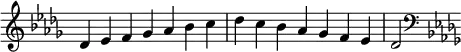 {
\omit Score.TimeSignature \relative c' {
\key des \major \time 7/4 des es f ges aes bes c des c bes aes ges f es des2
\clef F \key des \major
} }