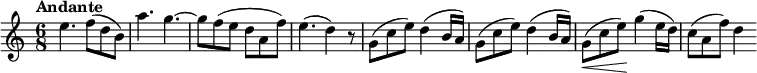 \relative c'' {\set Score.tempoHideNote = ##t \set Staff.midiInstrument = #"violin" \tempo "Andante" 8 = 100 \key c \major \time 6/8 e4. f8( d b) a'4. g4. ~~ g8) f( e d a f') e4.( d4) r8 g,8( c e) d4( b16 a) g8( c e) d4( b16 a) g8\<( c e\!) g4( e16 d) c8( a f') d4}