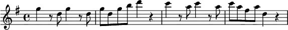 \layout { \set Score.tempoHideNote = ##t }
\relative c''' {
\set Staff.midiInstrument = #"string ensemble 1"
\tempo 4 = 148
\key g \major
\time 4/4
g4 r8 d8 g4 r8 d8 | g8 d g b d4 r4 | c4 r8 a8 c4 r8 a8 | c8 a fis a d,4 r4
}