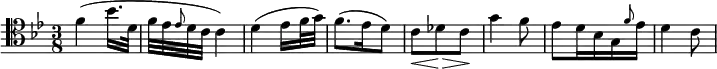 {
\relative c' { \clef tenor \key bes \major \time 3/8
f( bes16. d,32 | f ees \grace ees8 d32 c c4) | d( ees16 f32 g) | f8.( ees16 d8) | c\< des\!\> c\! | g'4 f8 | ees d16 bes g \grace f'8 ees16 | d4 c8
} }
\layout { \context {\Score \omit BarNumber} line-width = #180 }