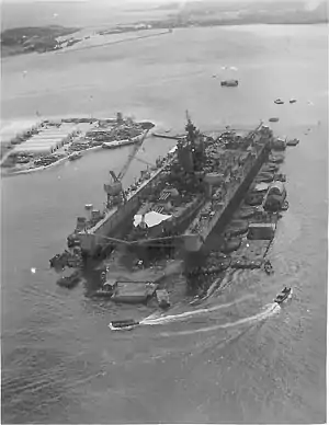USS&nbsp;ABSD-3 at Guam, to the rear right of ABSD-3 is the land base that supported the ABSD-6 and ABSD-3 crews