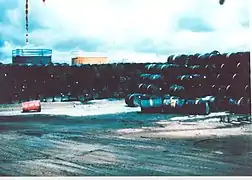 Stacks of 200&nbsp;L (44&nbsp;imp&nbsp;gal; 53&nbsp;US&nbsp;gal) drums containing Agent Orange.