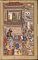Hussain Quli presents prisoners of war to Akbar, a view of the bin player Naubat Khan (in white dress holding Rudra Vina). Illustration from the Akbar-nama, Mughal school, towards 1590.Victoria & Albert Museum U.K.