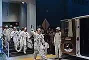 Apollo 11 crew members Neil Armstrong, Michael Collins, and Buzz Aldrin on the morning of July 16, 1969