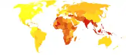 Asthma deaths per million persons in 2012&nbsp;&nbsp;0–10&nbsp;&nbsp;11–13&nbsp;&nbsp;14–17&nbsp;&nbsp;18–23&nbsp;&nbsp;24–32&nbsp;&nbsp;33–43&nbsp;&nbsp;44–50&nbsp;&nbsp;51–66&nbsp;&nbsp;67–95&nbsp;&nbsp;96–251