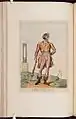 A man in striped pants and shirt and Phrygian cap.