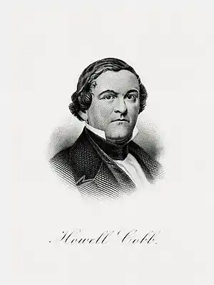 Image 14Howell CobbEngraving credit: Bureau of Engraving and Printing; restored by Andrew ShivaHowell Cobb (September&nbsp;7, 1815&nbsp;– October&nbsp;9, 1868) was an American politician and five-term member of the United States House of Representatives who served as Speaker of the House from 1849 to 1851. He also served as the 40th governor of Georgia from 1851 to 1853, and as Secretary of the Treasury under President James Buchanan from 1857 to 1860. Cobb is probably best known as one of the founders of the Confederacy, having served as president of the Provisional Congress of the Confederate States. This line engraving of Cobb was produced around 1902 by the Department of the Treasury's Bureau of Engraving and Printing (BEP) as part of a BEP presentation album of the first 42 secretaries of the treasury.More selected pictures
