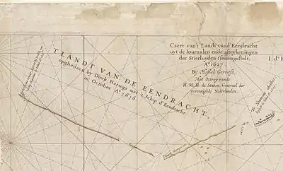 Caert van't Landt van d'Eendracht (detail showing Eendrachtsland)&nbsp;– Text on the close-up crop from the main chart reads, T Landt van de Eendracht, opghedaen by Dirck Hartogs met 't Schip d'Eendracht in October A° 1616 ("The Land of Eendracht", discovered by Dirk Hartog of the Eendracht in October 1616")