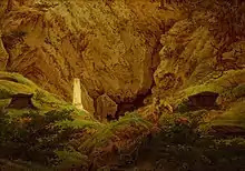 Old Heroes' Graves (1812), 49.5 × 70.5&nbsp;cm. Kunsthalle, Hamburg. A dilapidated monument inscribed "Arminius" invokes the Germanic chieftain, a symbol of nationalism. Two French soldiers appear as small figures before a cave, lower and deep in a grotto surrounded by rock, as if farther from heaven.
