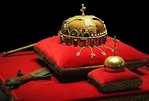 The Crown, Sword, Sceptre and Globus Cruciger of Hungary, in the Hungarian Parliament Building