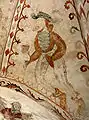 Envy Arch in the nave with a gothic fresco from 1511 of a man with a dog-head, which symbolizes envy (Dalbyneder Church&nbsp;[da], Denmark)