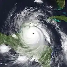Hurricane Dean nearing landfalll just north of Belize at Category 5 strength.